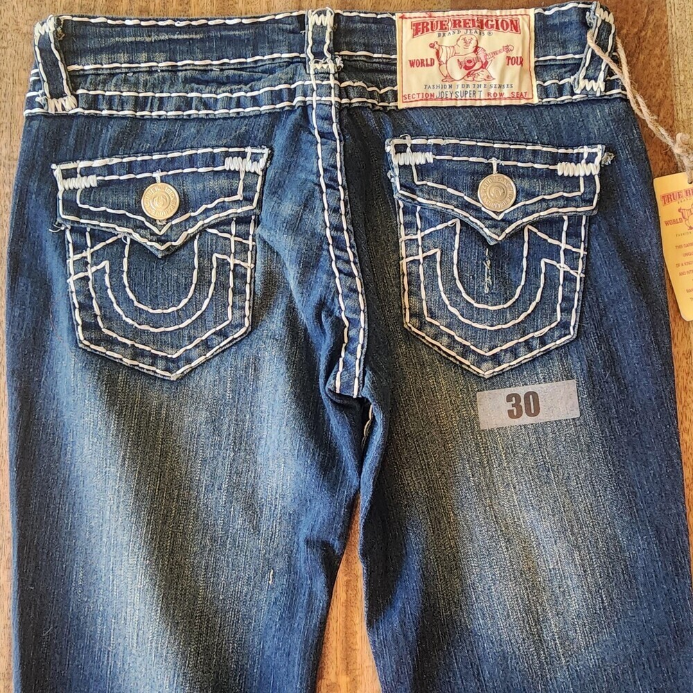 True Religion Jeans Womens 30 Blue Low Rise Flare Distressed USA Stretch Denim - Picture 14 of 16